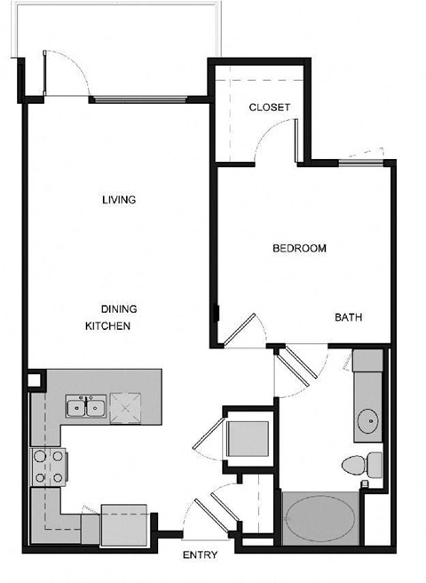 Floor plan for 1 bed, 1 bath, 730 sqft